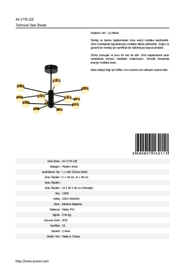 Roll Modern Avize LED 120W 85cm Metal Eskitme Avonni-AV-1770-12E