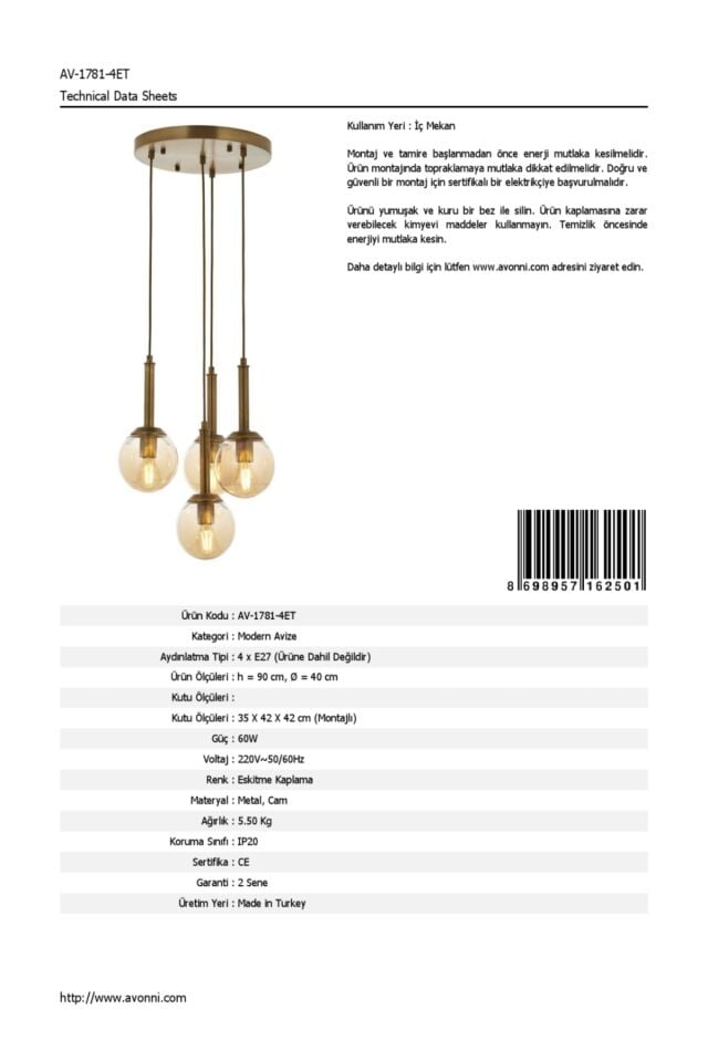 Ada Modern Avize E27 48W 40cm Metal Eskitme Avonni-AV-1781-4ET