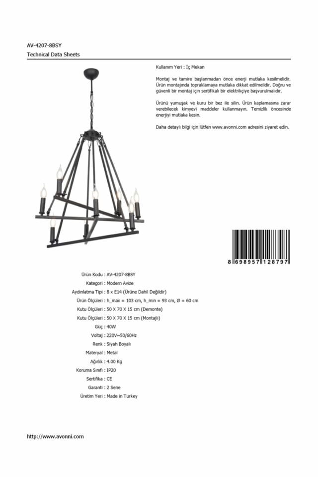 Melısa Modern Avize E14 48W 60cm Metal Siyah Avonni-AV-4207-8BSY