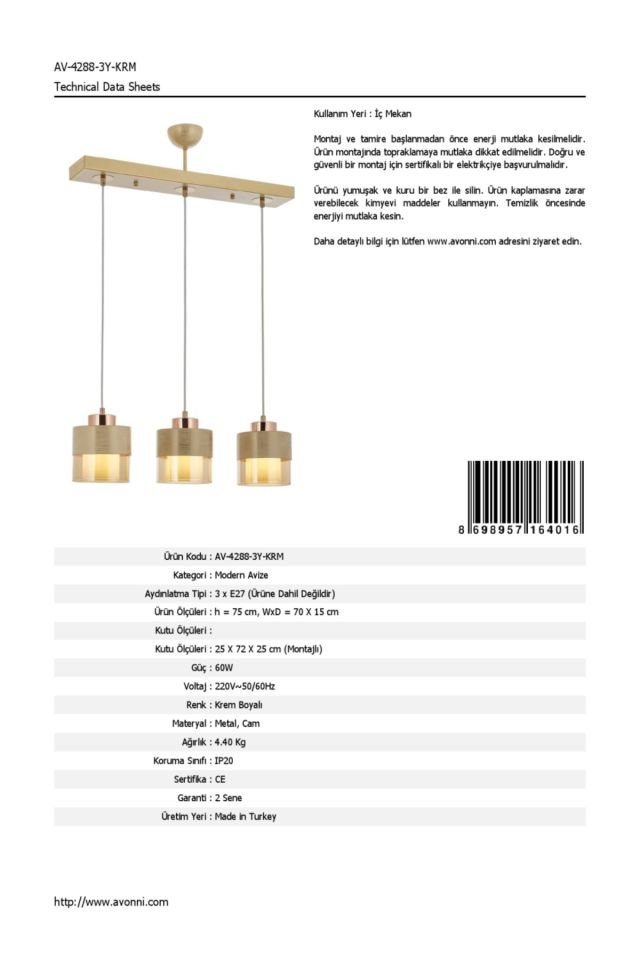 Cabin Modern Avize E27 36W 70x15cm Metal Krem Avonni-AV-4288-3Y-KRM