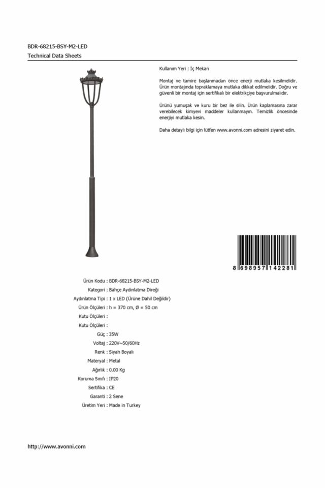 Bahçe Direkleri LED 35W 50cm Çelik Boru Siyah Dorbien-BDR-68215-BSY-M2-LED