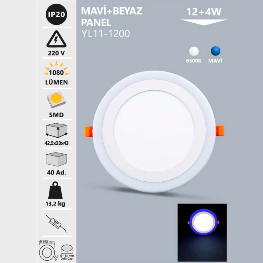 Noas 12+4W Sıva Altı Mavi+Beyaz 3 Fonk. Led Panel