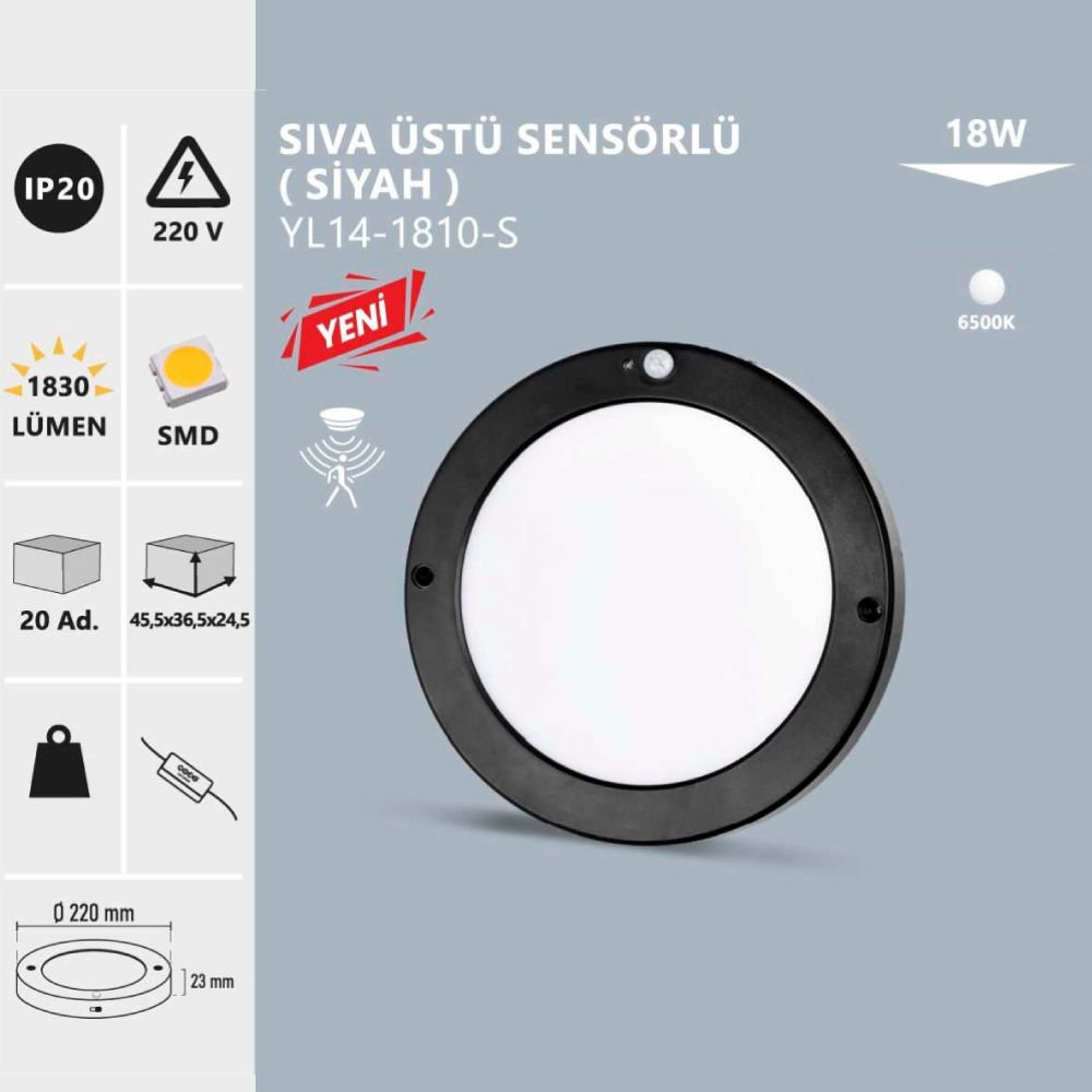 Noas Sıva Üstü Sensörlü Led Panel Beyaz -Siyah Çerçeve