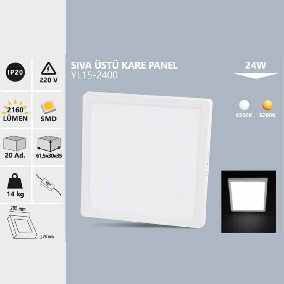 Noas 24W Sıvaüstü Kare Led Panel Gün Işığı