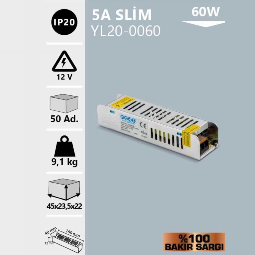 Noas 12V 5A Slım Kasa Trafo (%100 Bakır Sargı)