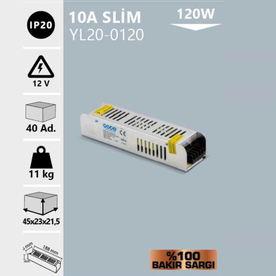 Noas 12V 10A Slım Kasa Trafo (%100 Bakır Sargı)