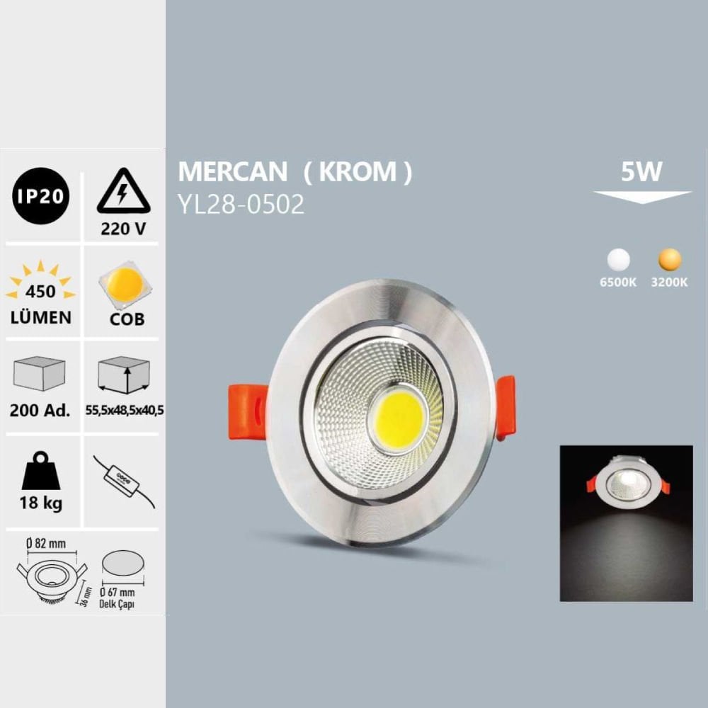 Noas 5W Cob Led Spot Mercan Krom Kasa Beyaz Işık