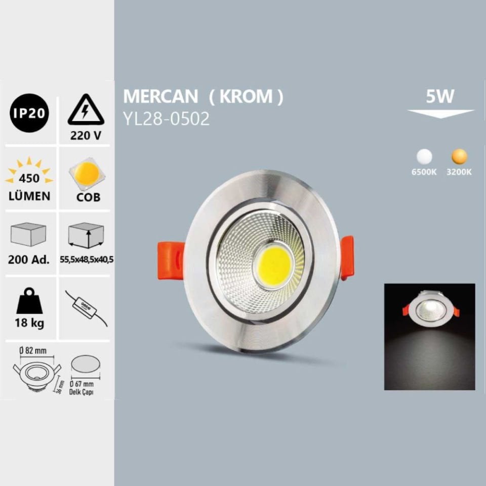 Noas 5W Cob Led Spot Mercan Krom Kasa Gün Işığı