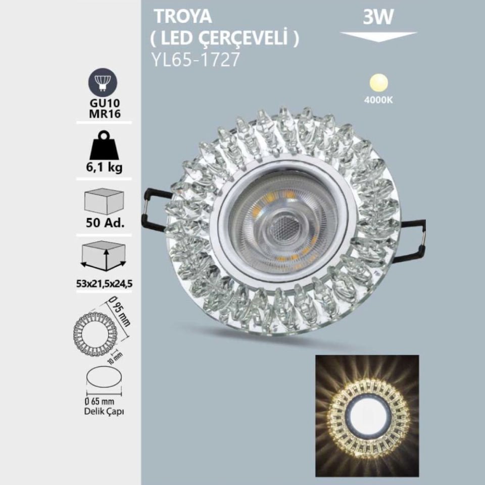 Noas Troya Kristal Cam Kasa Yuvarlak 4000K