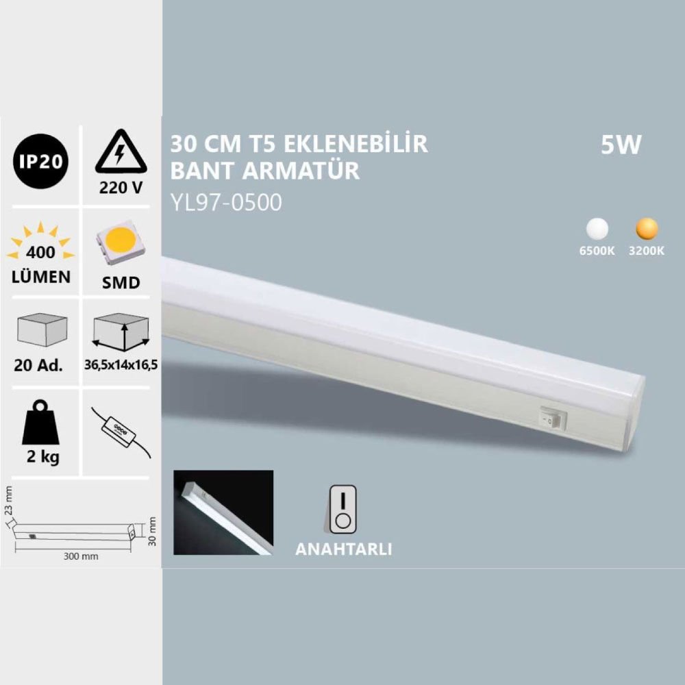 Noas 5W Led T5 Eklenebilir 30Cm Bant Armatür Gün Işığı