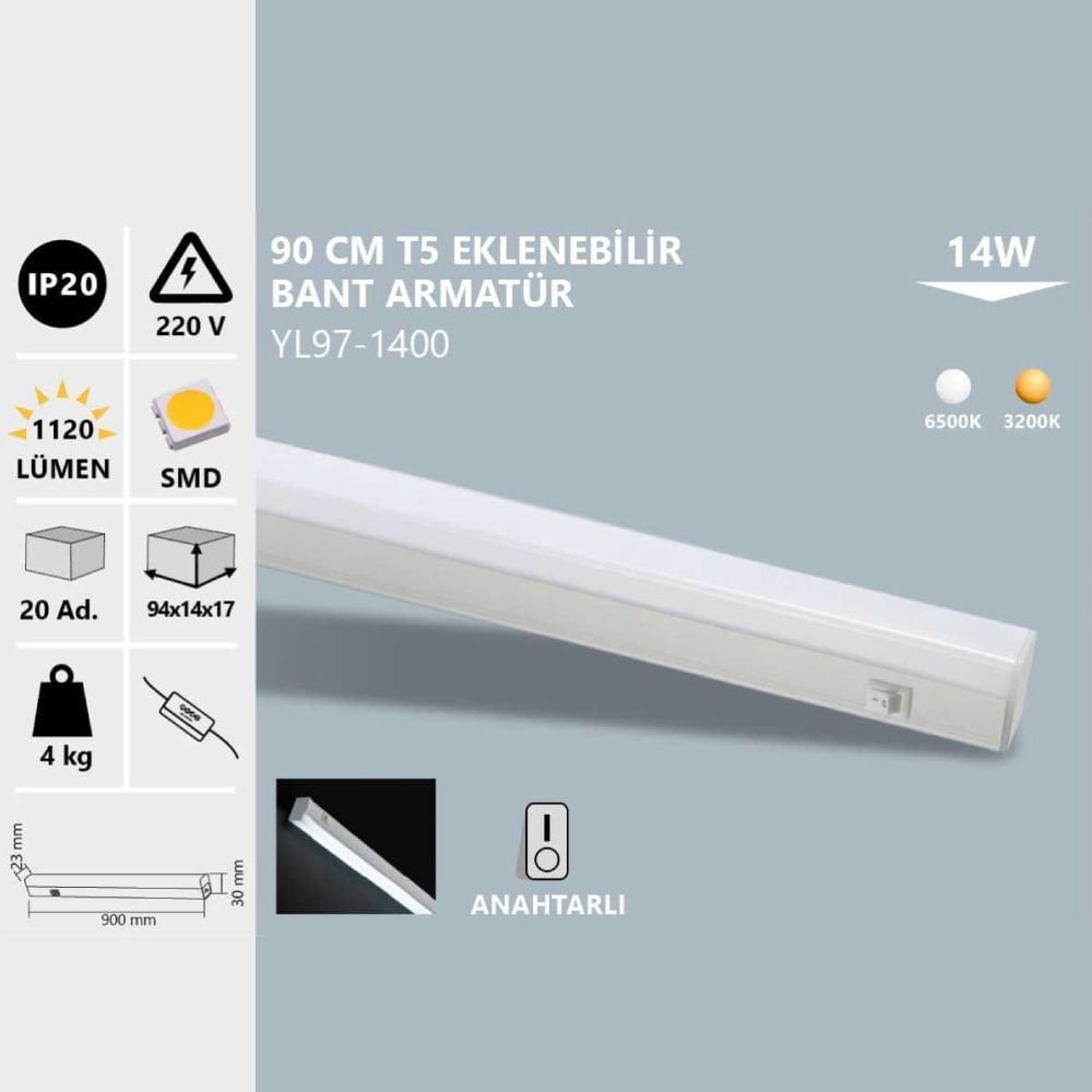 Noas 14W Led T5 Eklenebilir 90Cm Bant Armatür Beyaz Işık