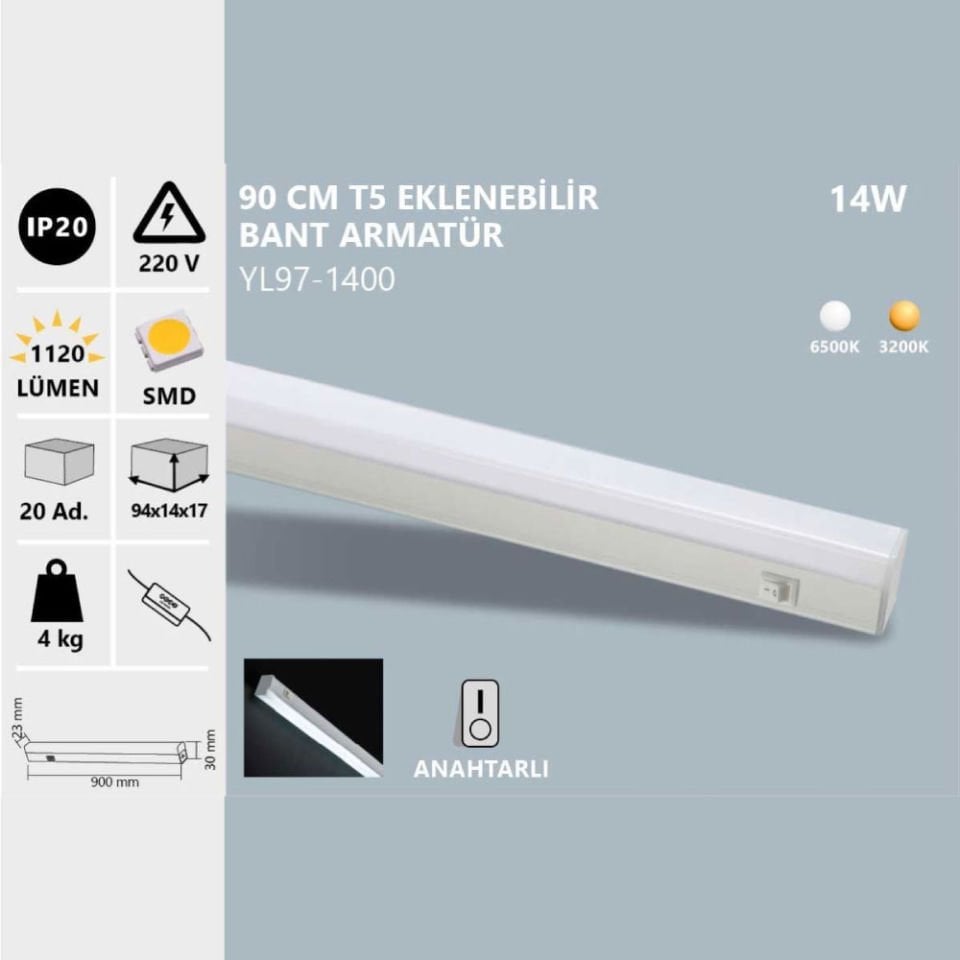 Noas 14W Led T5 Eklenebilir 90Cm Bant Armatür Gün Işığı