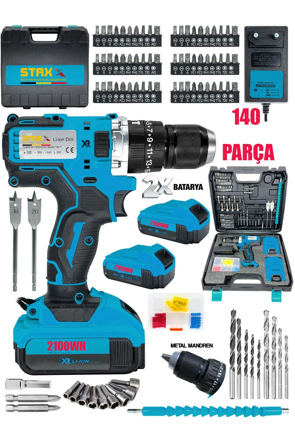 2100WH Lion 10AHM Çelik Mandren Akülü Vidalama Darbeli Şarjlı Matkap Seti 140 Parça Full Çantalı Set