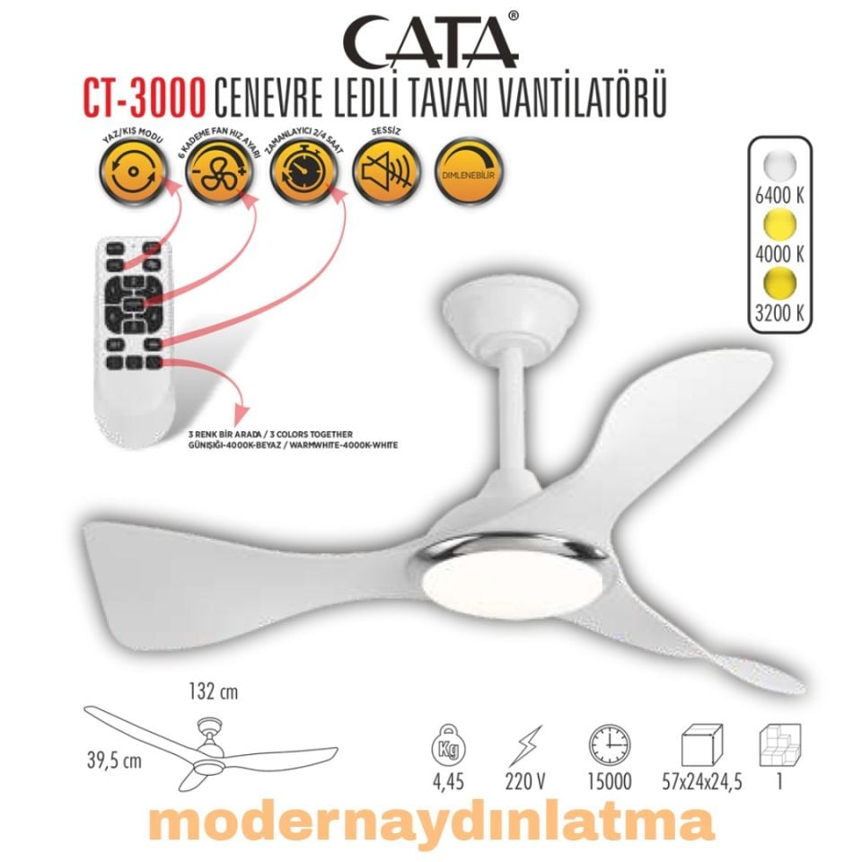 Cata CT-3000 Cenevre Ledli Tavan Vantilatörü