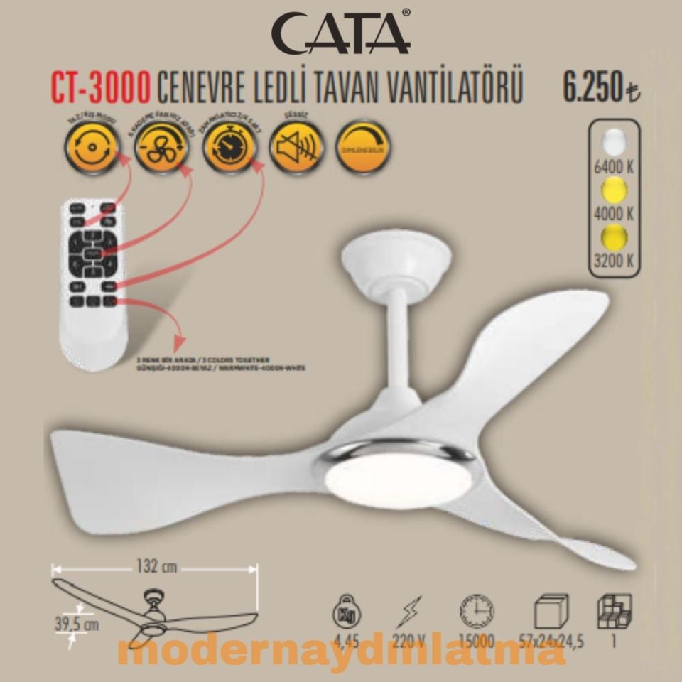 Cata CT-3000 Cenevre Ledli Tavan Vantilatörü