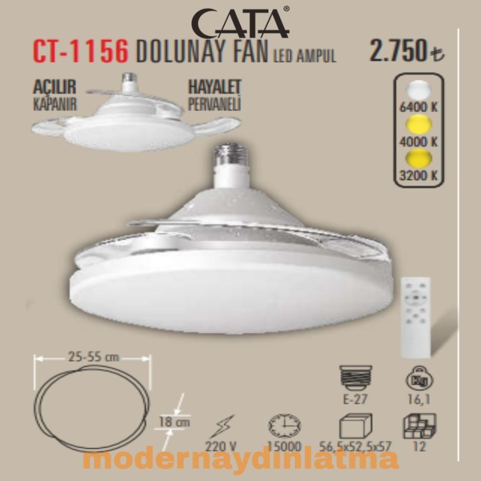 Cata CT-1156 Dolunay Led Işıklı Tavan Vantilatör Hayalet Pervaneli