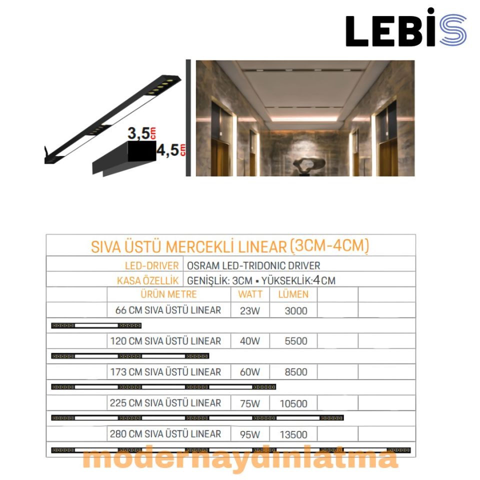 Lebis 173 Cm Sıva Üstü 3x4 Kasa Mercekli Lineer Aydınlatma