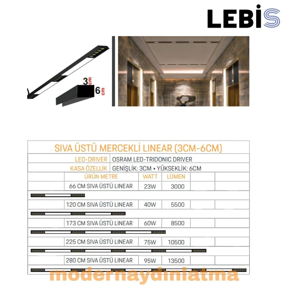 Lebis 120 Cm Sıva Üstü 3x6 Kasa Mercekli Lineer Aydınlatma