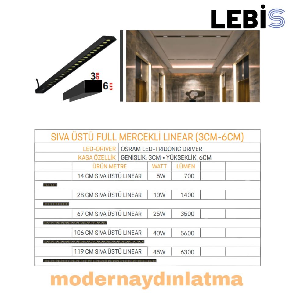 Lebis 28 Cm Sıva Üstü 3x6 Kasa Full Mercekli Lineer Aydınlatma