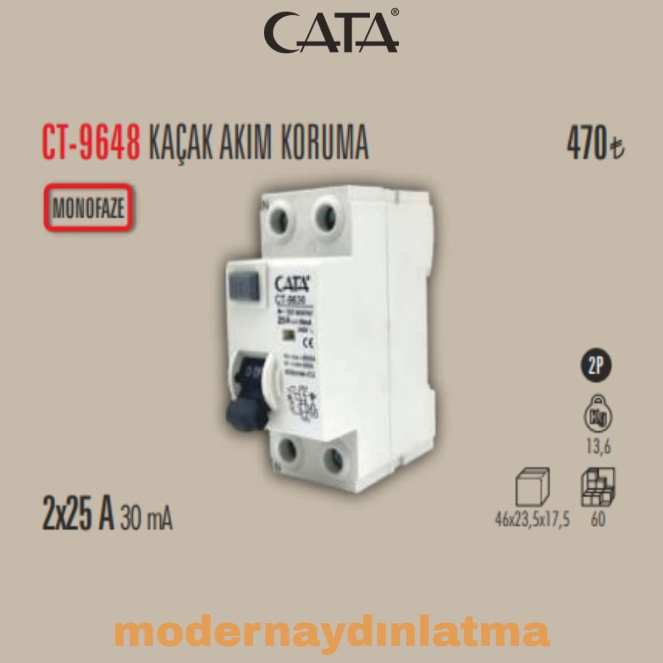 Cata CT-9648 2x25A 30mA Monofaze Kaçak Akım Koruma Rolesi