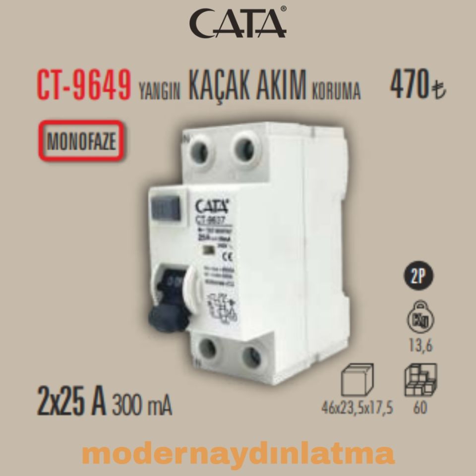 Cata CT-9649 2x25A 300mA Monofaze Yangın Koruma Rolesi