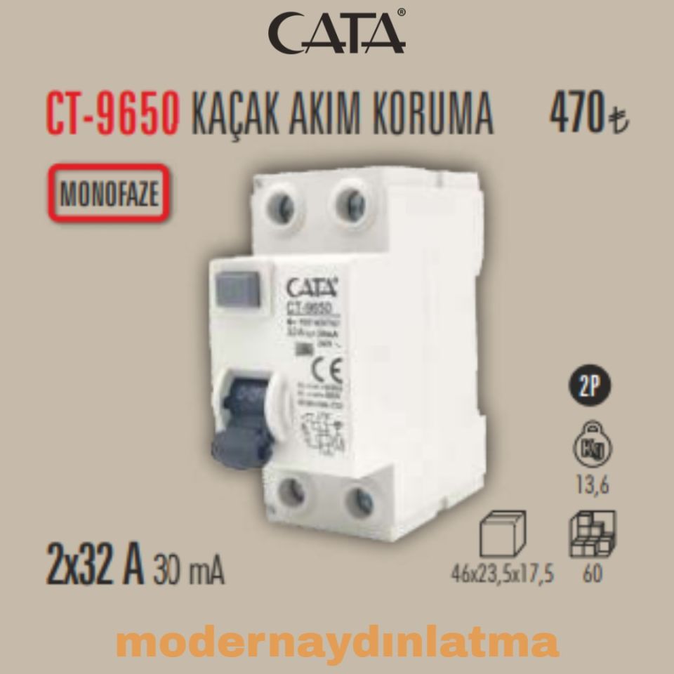 Cata CT-9650 2x32A 30mA Monofaze Kaçak Akım Koruma Rolesi