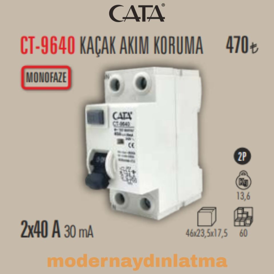 Cata CT-9640 2x40A 30mA Monofaze Kaçak Akım Koruma Rolesi