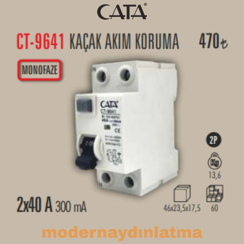 Cata CT-9641 2x40A 300mA Monofaze Yangın Koruma Rolesi