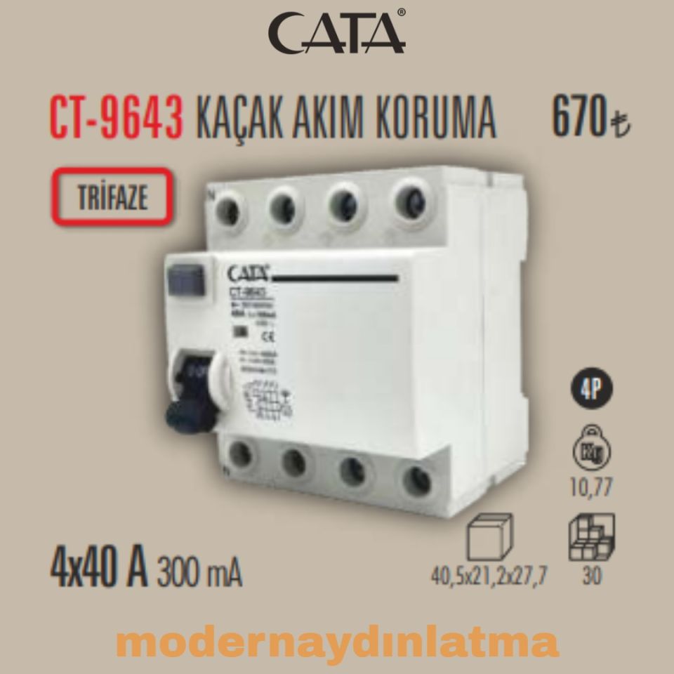 Cata CT-9643 4x40A 300mA Trifaze Yangın Koruma Rolesi