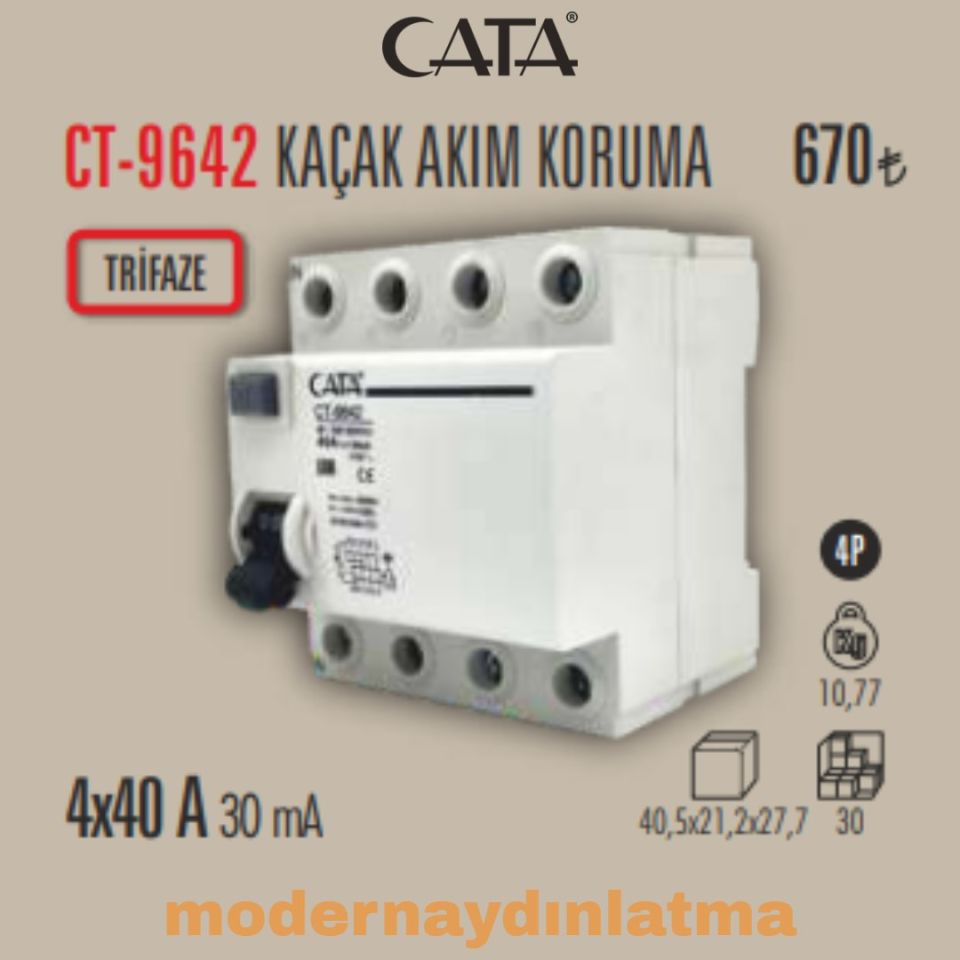 Cata CT-9642 4x40A 30mA Trifaze Kaçak Akım Koruma Rolesi