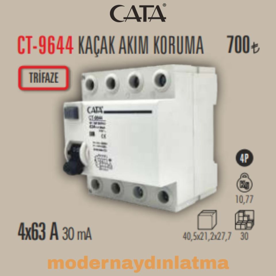 Cata CT-9644 4x63A 30mA Trifaze Kaçak Akım Koruma Rolesi