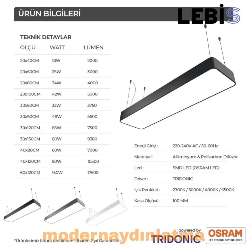 Lebis 60x120 Cm Osram Ledli Oval Dikdörtgen Davul Lineer Armatür