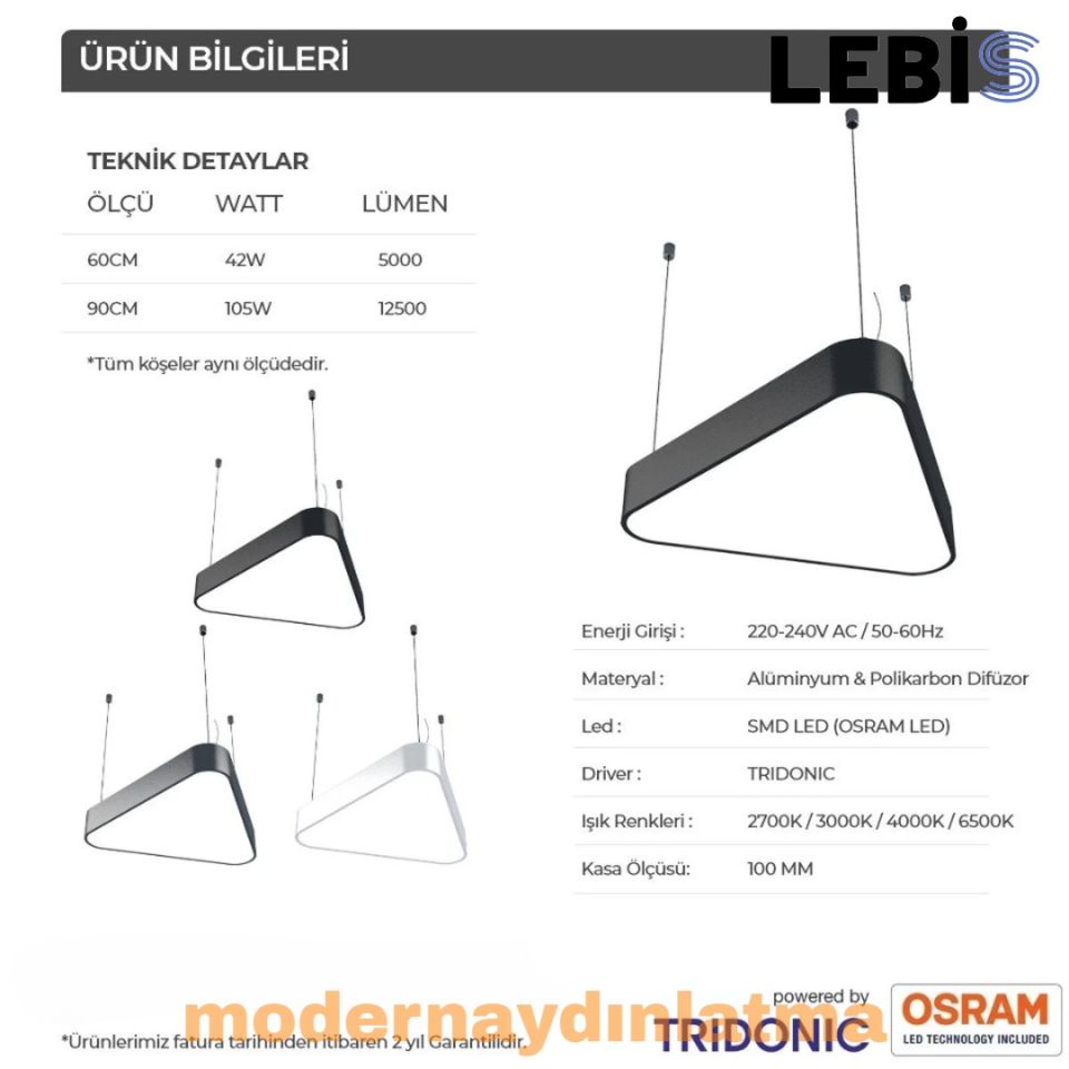 Lebis 60x60x60 Osram Ledli Oval Üçgen Davul Lineer Armatür