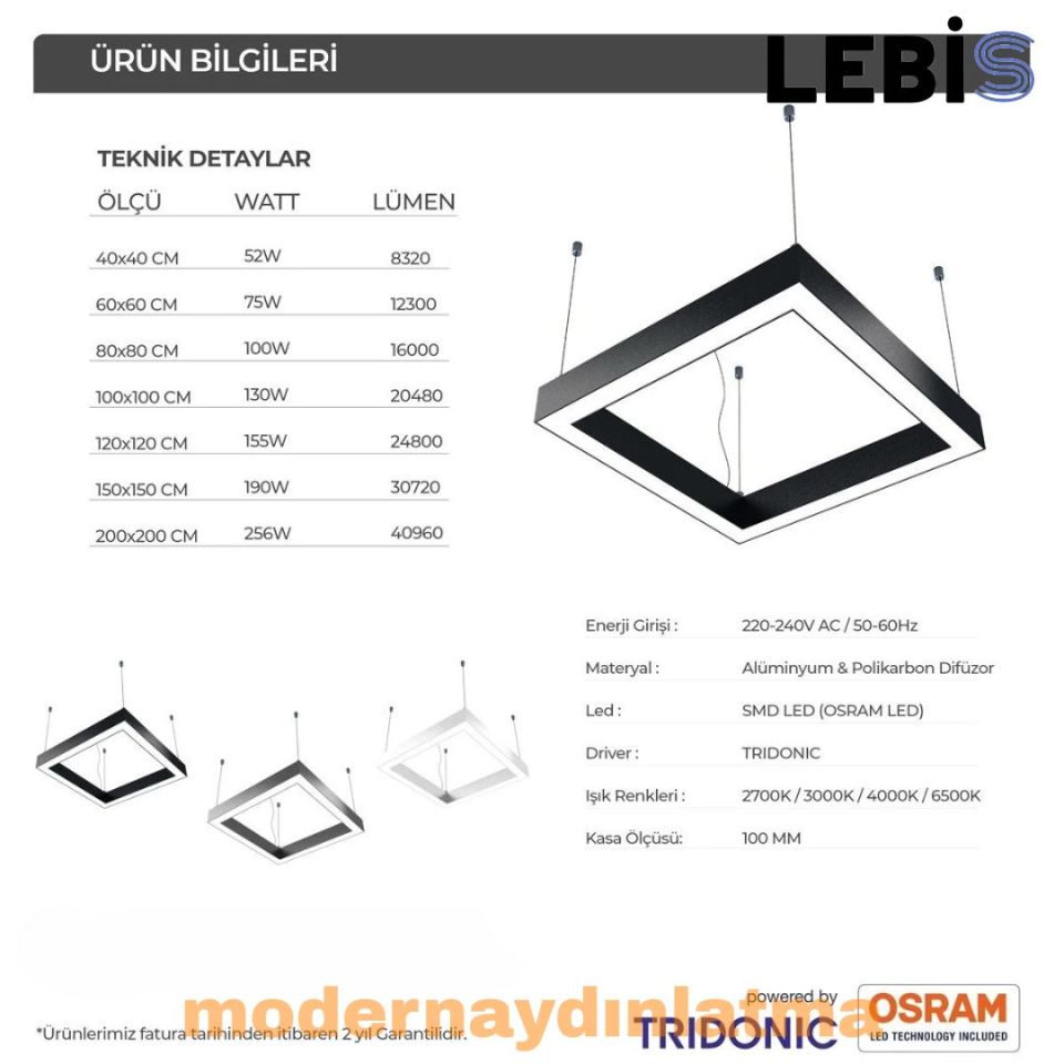 Lebis 200x200 Cm Osram Ledli Kare Lineer Aydınlatma Armatürü