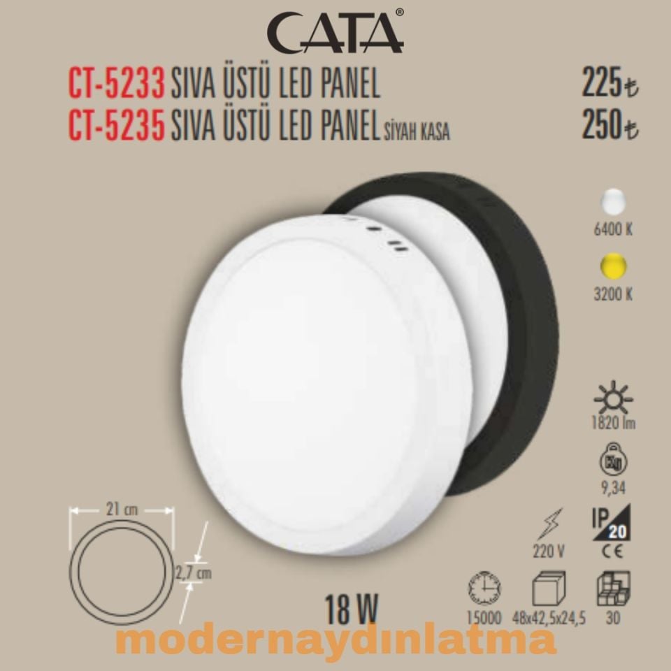 Cata CT-5233 18W Sıva Üstü Yuvarlak Led Panel Beyaz Işık