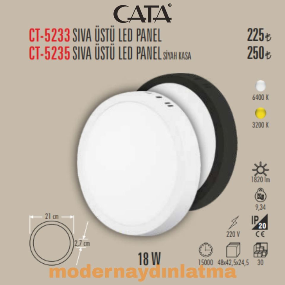 Cata CT-5233 18W Sıva Üstü Yuvarlak Led Panel Günışığı