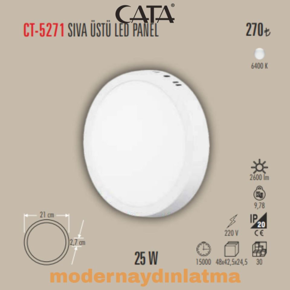 Cata CT-5271 25W Sıva Üstü Yuvarlak Led Panel Beyaz Işık