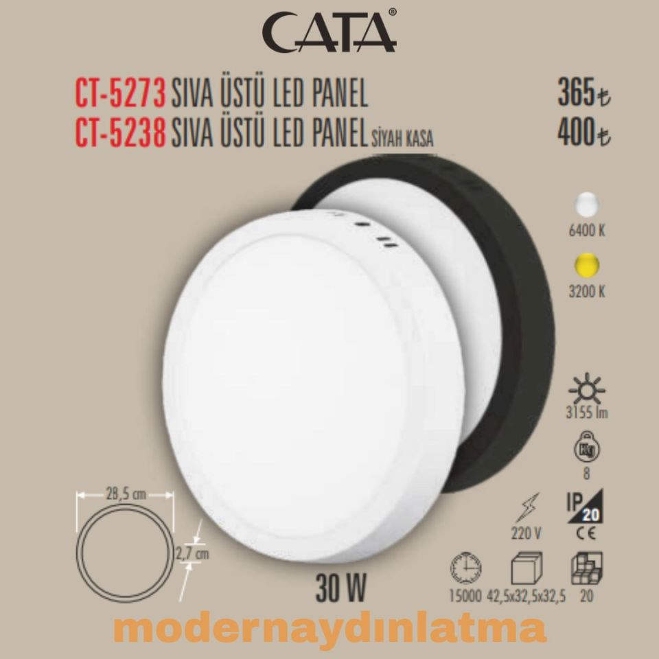 Cata CT-5273 30W Sıva Üstü Yuvarlak Led Panel Beyaz Işık