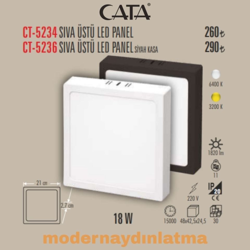 Cata CT-5234 18W Sıva Üstü Kare Led Panel Günışığı