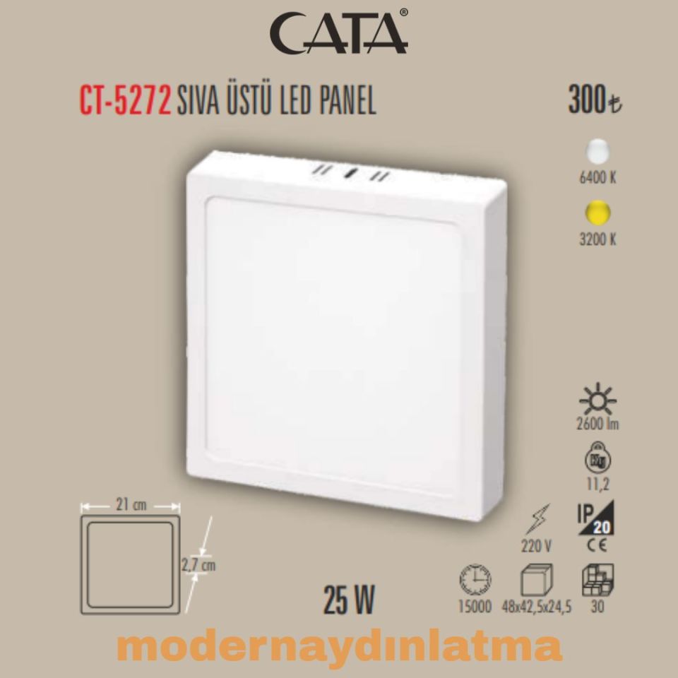 Cata CT-5272 25W Sıva Üstü Kare Led Panel Beyaz Işık