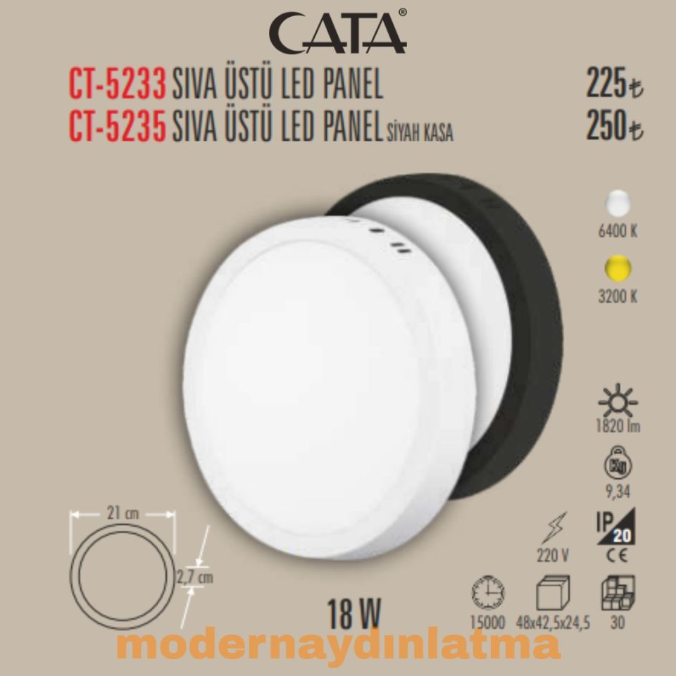 Cata CT-5235 18W Siyah Kasa Sıva Üstü Yuvarlak Led Panel Spot Beyaz Işık