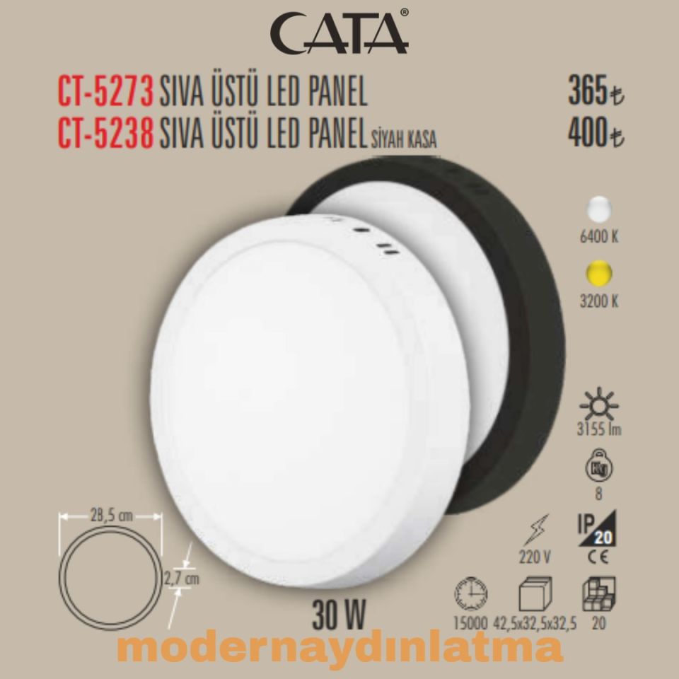 Cata CT-5238 30W Siyah Kasa Sıva Üstü Yuvarlak Led Panel Spot Beyaz Işık