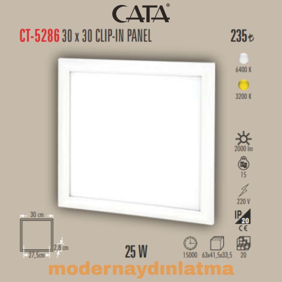 Cata CT-5286 25W 30x30 Klipin Led Panel Beyaz Işık