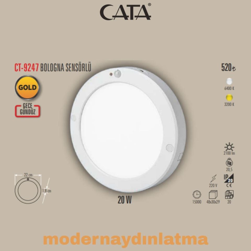 Cata CT-9247 Bologna 20W Ledli Sensörlü Tavan Armatür Beyaz Işık