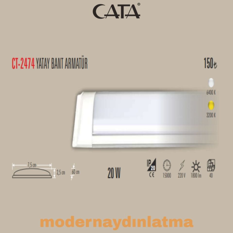 Cata CT-2474 60 Cm 20W Yatay Led Bant Armatür Beyaz Işık 10 Adet