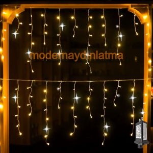 Lebis 2 Metre 144 Ledli Saçak Komple Flaşlı Yılbaşı Işıklandırma Beyaz Kablolu IP65 Dış Mekan