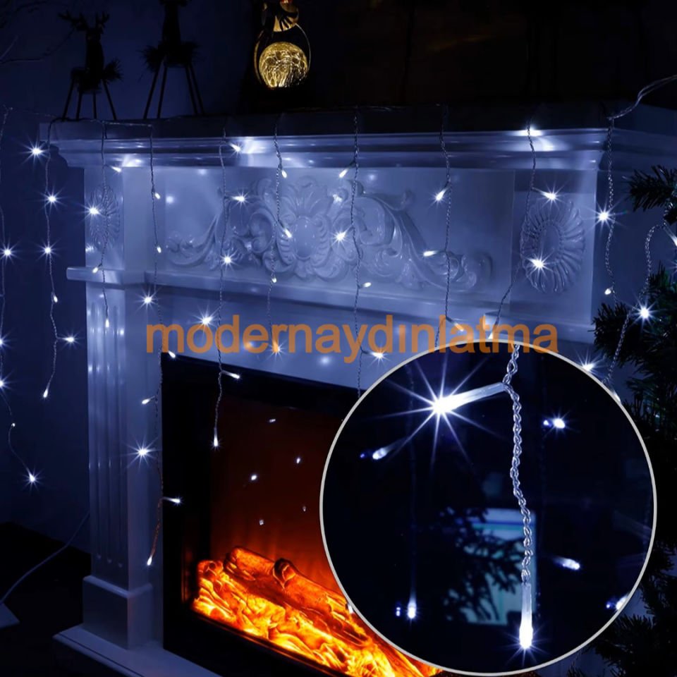 Lebis 2 Metre 144 Ledli Saçak Yılbaşı Işıklandırma Beyaz Kablolu IP65 Dış Mekan