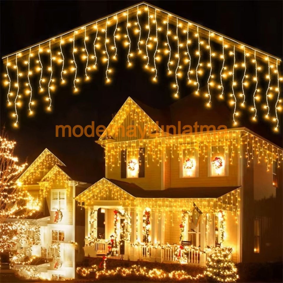Lebis 2 Metre 144 Ledli Flaşlı Saçak Yılbaşı Işıklandırma Şeffaf Kablolu IP65 Dış Mekan