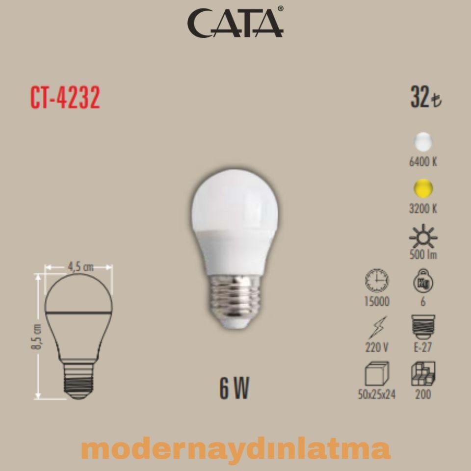 Cata CT-4232 6W E27 Duylu Led Ampül Günışığı