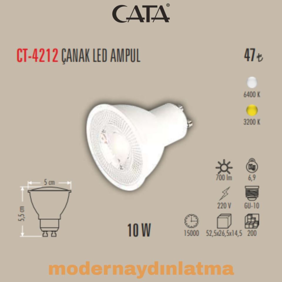 Cata CT-4212 10W Gu10 Duylu Led Ampül Günışığı